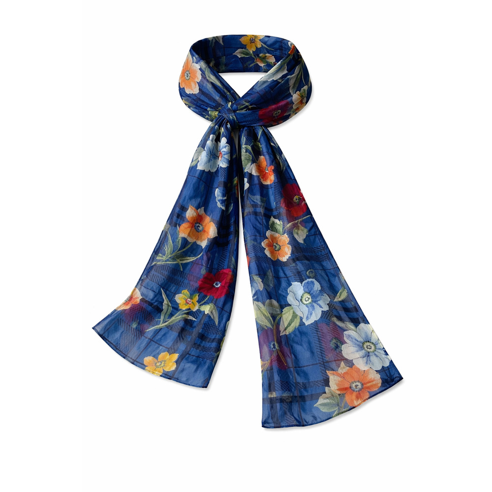 Vintage Blue Floral Romantic Neck Scarf Soft Drape Garden Party Euro Cottagecore